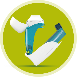 AeroChamber2Go chamber open with a blue inhaler stored inside